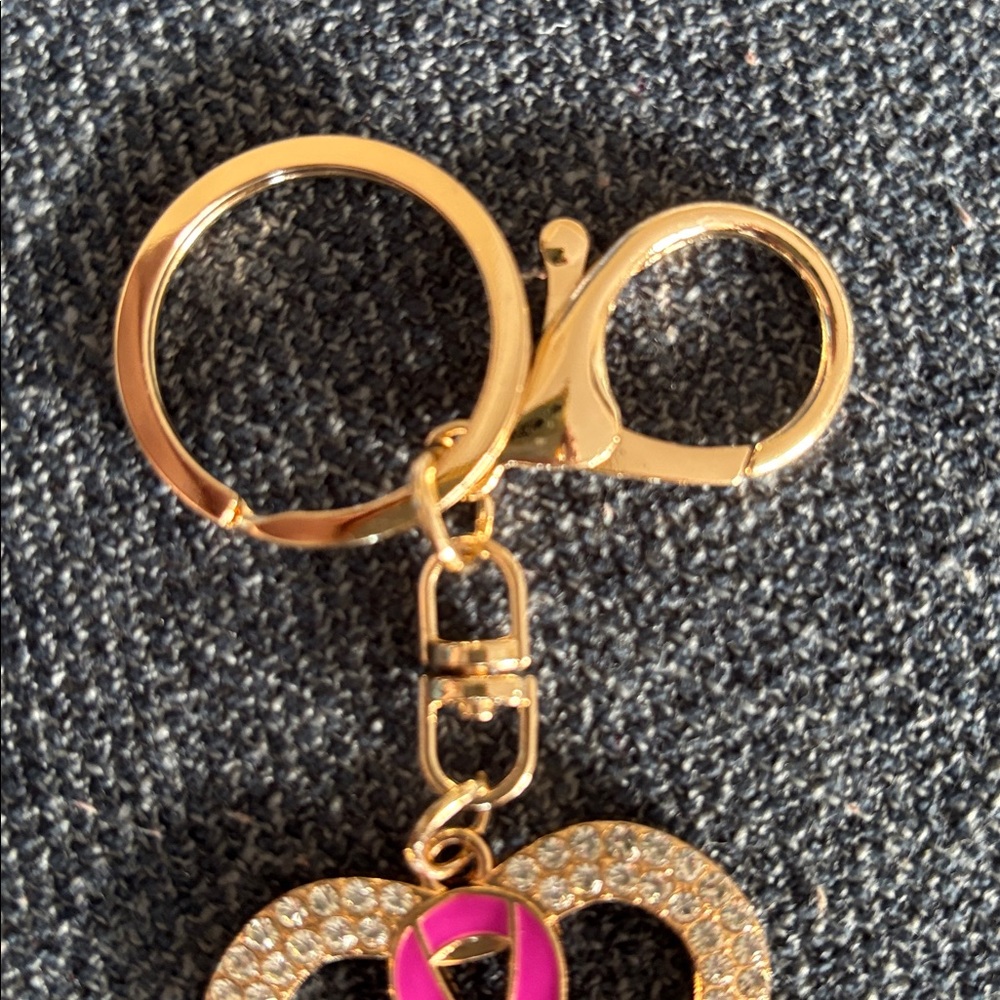 BREAST CANCER AWARENESS Gold and Pink Heart Bag Charm/Keychain with Ribbon - Picture 5 of 6